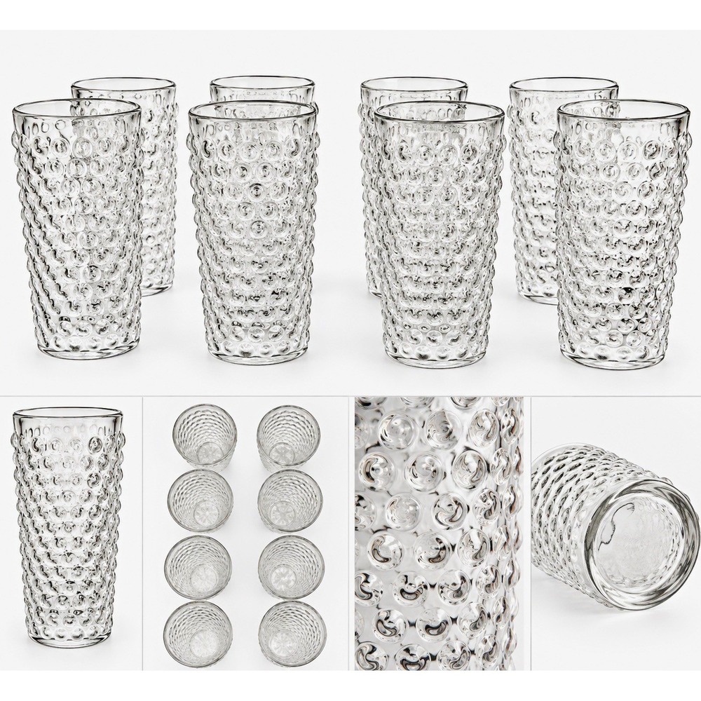 Vintage Clear Bubble Dot Highball Glasses Set of 8 Textured Tumblers 7"